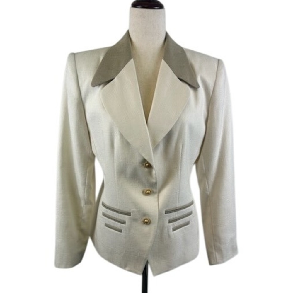 Sasson Paris New York Blazer Women's Size 8 Beige Gold Buttons Formal Y2K